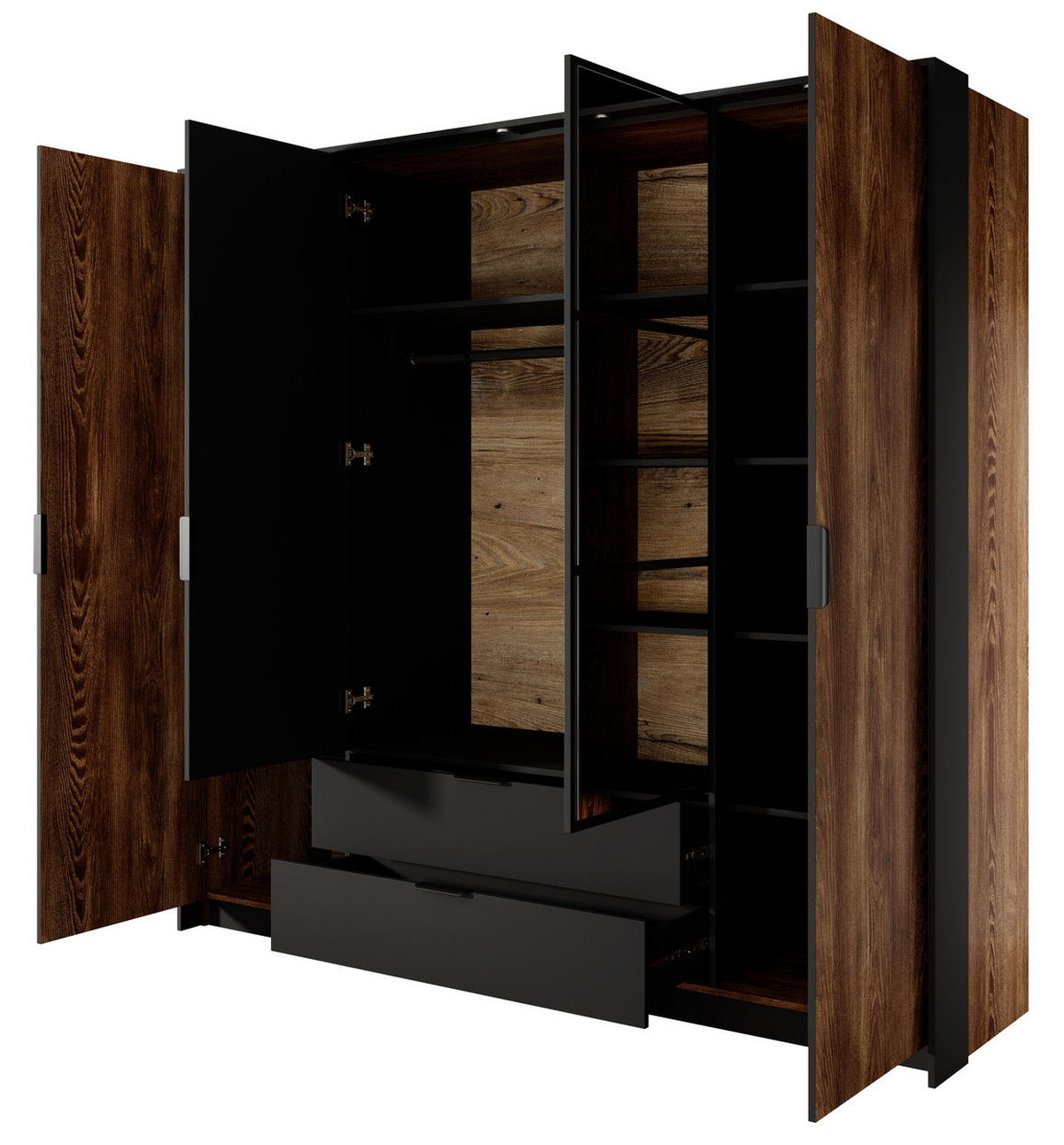 KLEIDERSCHRANK 225 cm mit LED Taviano, 4 Türen, Spiegel - Eichefarben, Holz (223/210/59cm) - Emporius