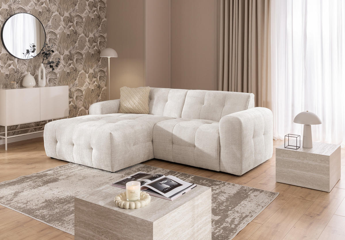 ECKSOFA mit Ottomane links, raffinierten Steppungen, Wellenunterfederung, B234/T161/H79 cm, Chenille-Bezug in Beige / 21036 - Beige/Schwarz, Kunststoff/Textil (234/79/161cm) - luma-home