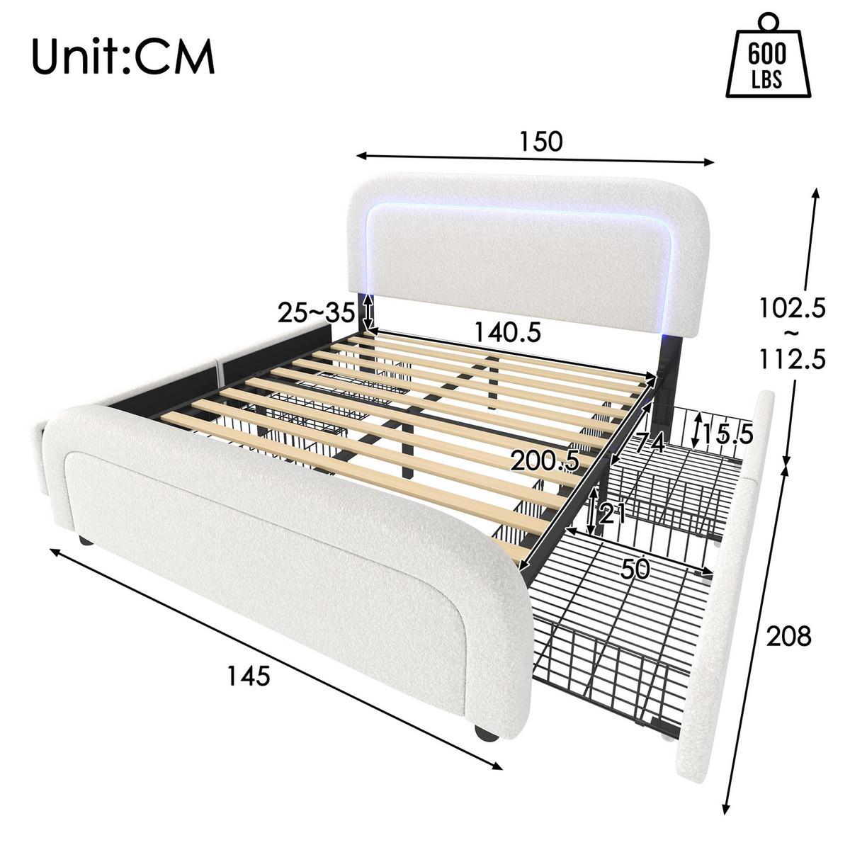 POLSTERBETT 140/200 cm aus Sherpa mit USB-C, LED-Beleuchtung und 4 Schubladen Weiß - Weiß, Fell (140/200cm) - Modenvie