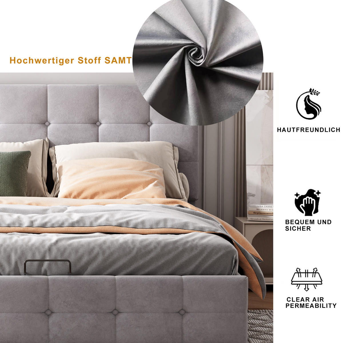 POLSTERBETT 140/200 cm in Grau Samt mit Bettkasten und verstellbarem Kopfteil - Grau, Holzwerkstoff/Textil (140/200cm) - WISHDOR
