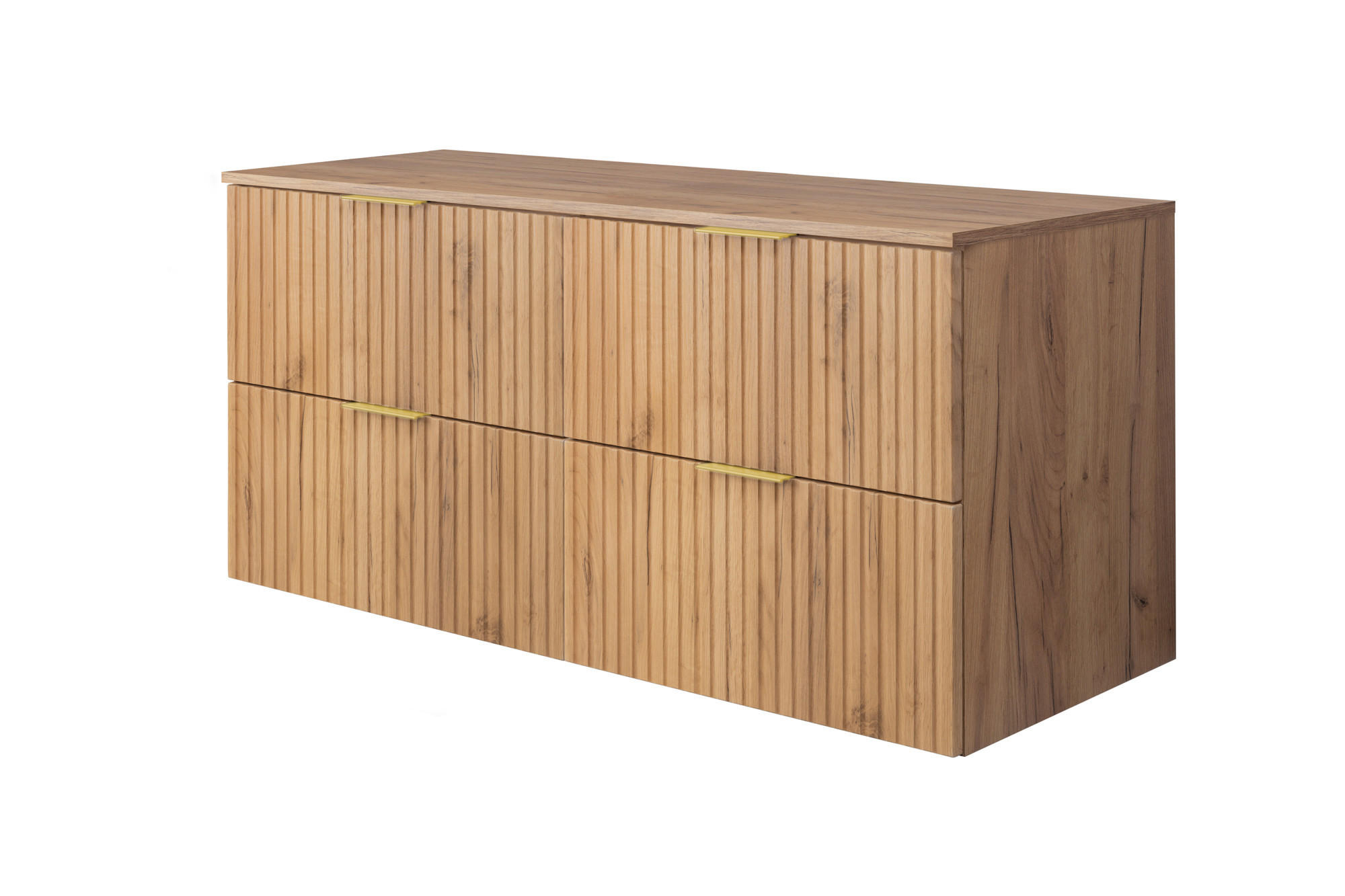 WASCHBECKUNTERSCHRANK, Eiche Craft, 120 (2 x 60) x 57 x 46 cm, goldener Griff+ Arbeitsplatte - Eichefarben/Goldfarben, Holzwerkstoff (120/57/46cm) - 3XE LIVING