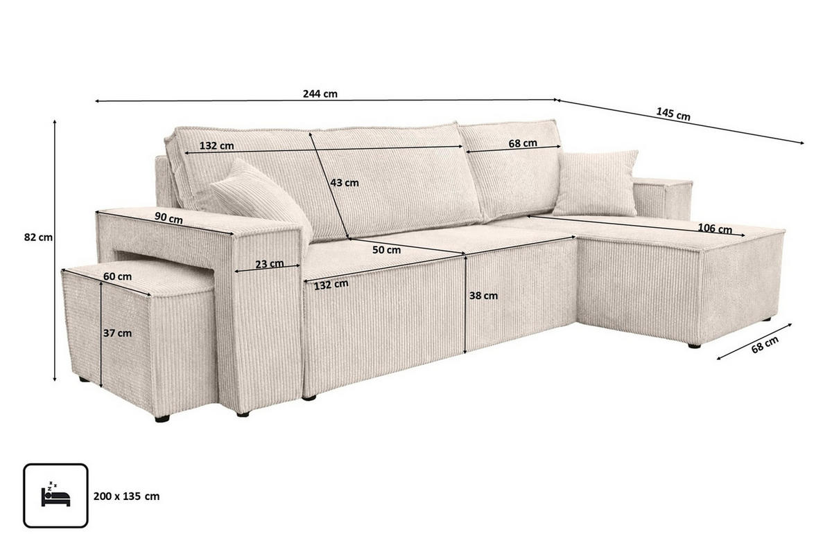ECKSOFA Mit Schlaffunktion Und Pouf, Cordstoff Poso, Beige, Rechts, Best L Mit Pouf - Creme, Holz (244/145cm) - Kaiser Möbel
