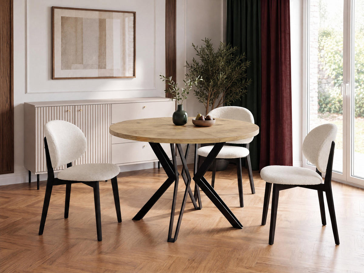 ESSTISCH Revena runder ausziehbarer, Lancelot Eiche 120-200/120/76 cm - Eichefarben/Schwarz, Holzwerkstoff/Metall (120/200/76cm) - WFL GROUP