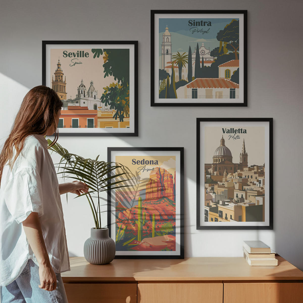 BILDER SET 4er Set - 50x50 cm & 40x60 cm Schwarzer Rahmen - Retro-Stadtansichten Sedona Sintra - Schwarz, Kunststoff (50/50cm) - TULUP