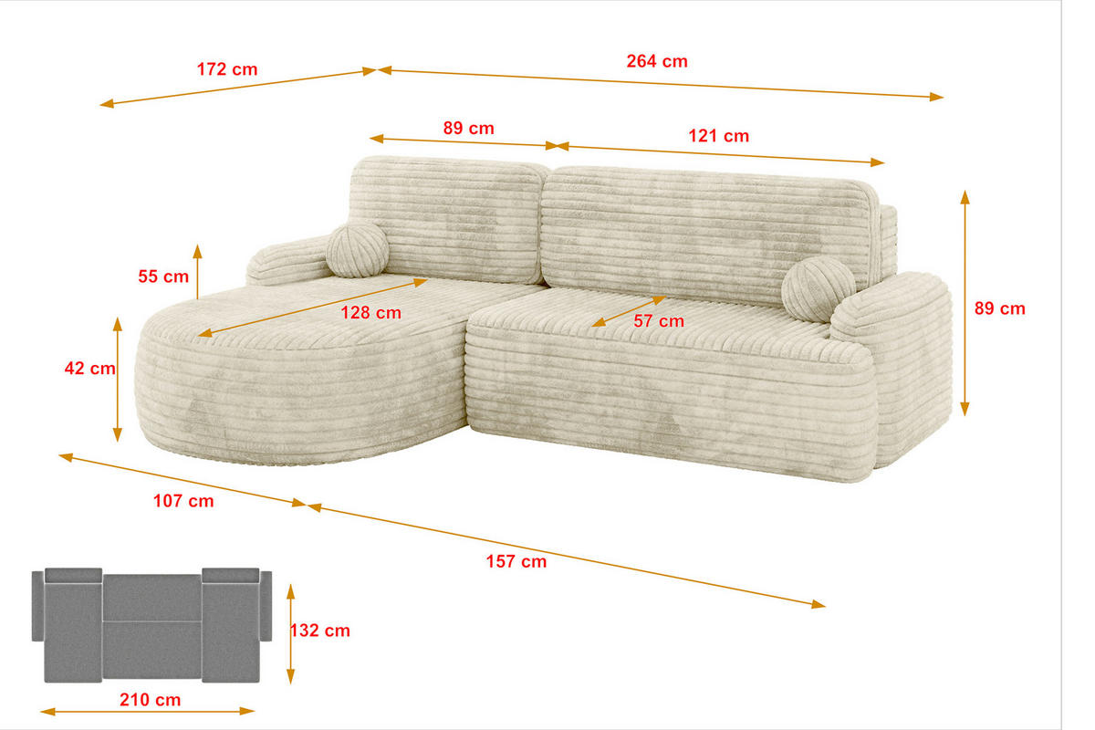 ECKSOFA mit Schlaffunktion und Bettkasten LIRA-L - 264x172x89 Creme - Ecru, Holzwerkstoff/Textil (264/172cm) - ALTDECOR
