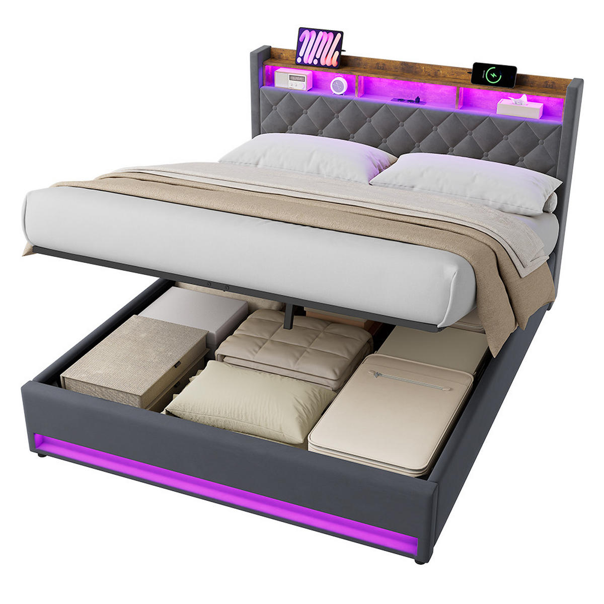 POLSTERBETT 160/200 cm in Grau Samt mit Bettkasten, LED-Beleuchtung und USB-Anschluss - Grau, Holzwerkstoff/Textil (160/200cm) - CHICFURN