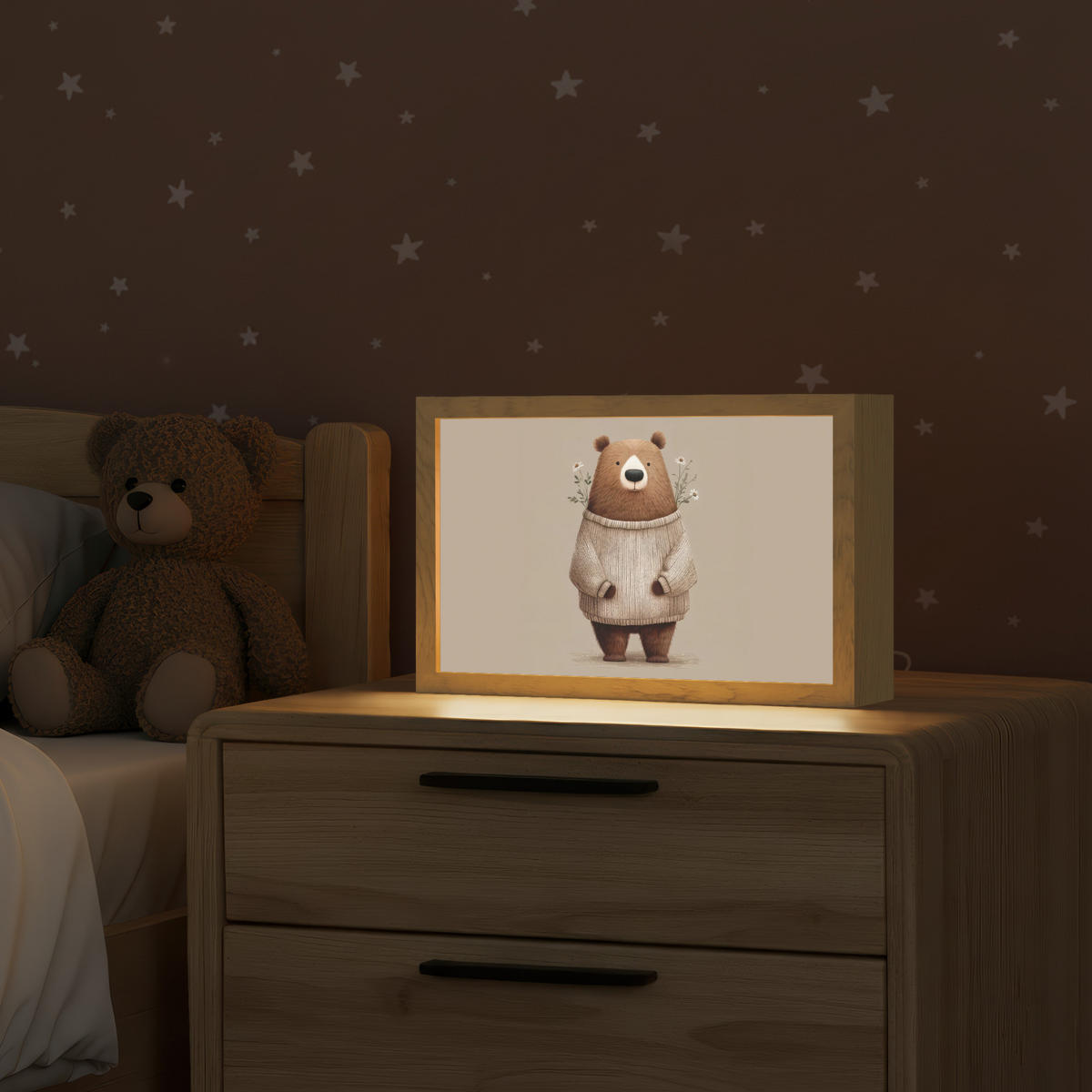 NACHTTISCHLAMPE Bär - Weiße Blumen - Gemütlich 30x20 cm - Taupe, Holzwerkstoff (8/30/20cm)