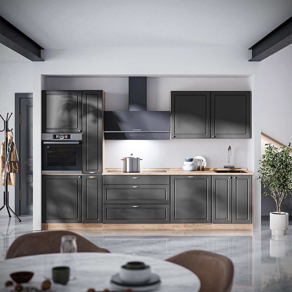 KÜCHENZEILE Fame-Line, Anthrazit-Gold Landhaus/Goldkraft Eiche, 310 cm ohne Arbeitsplatte - Honigeiche/Anthrazit, Holzwerkstoff (310/206.8/51.6cm) - Vicco