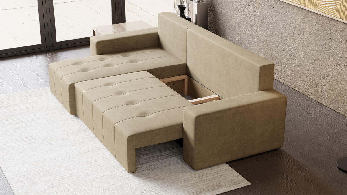 ECKSOFA Tico mit Bettkasten und Schlaffunktion, L-Form/XL-Form, Velourstoff, Universal - Cappuccino, Holzwerkstoff (246/145cm) - 4ALL HOME