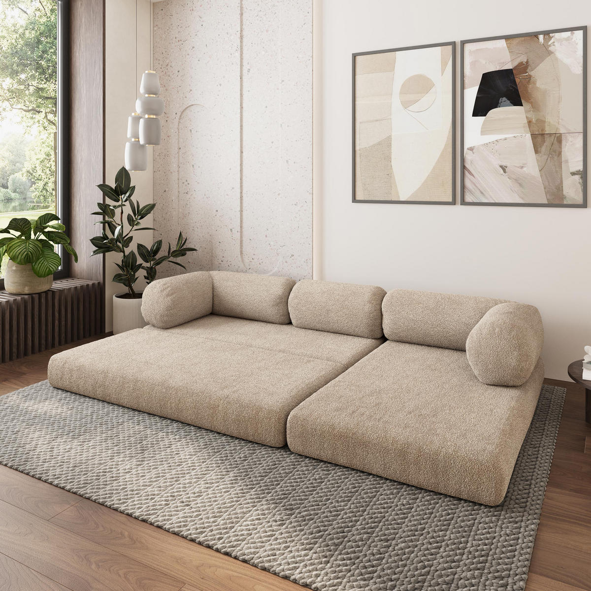 ROHOVÁ SEDAČKA KELI modulární Boneless pohovka s funkcí spaní, béžová QUELLE 05 - béžová, textil (270/160cm) - MASSENO