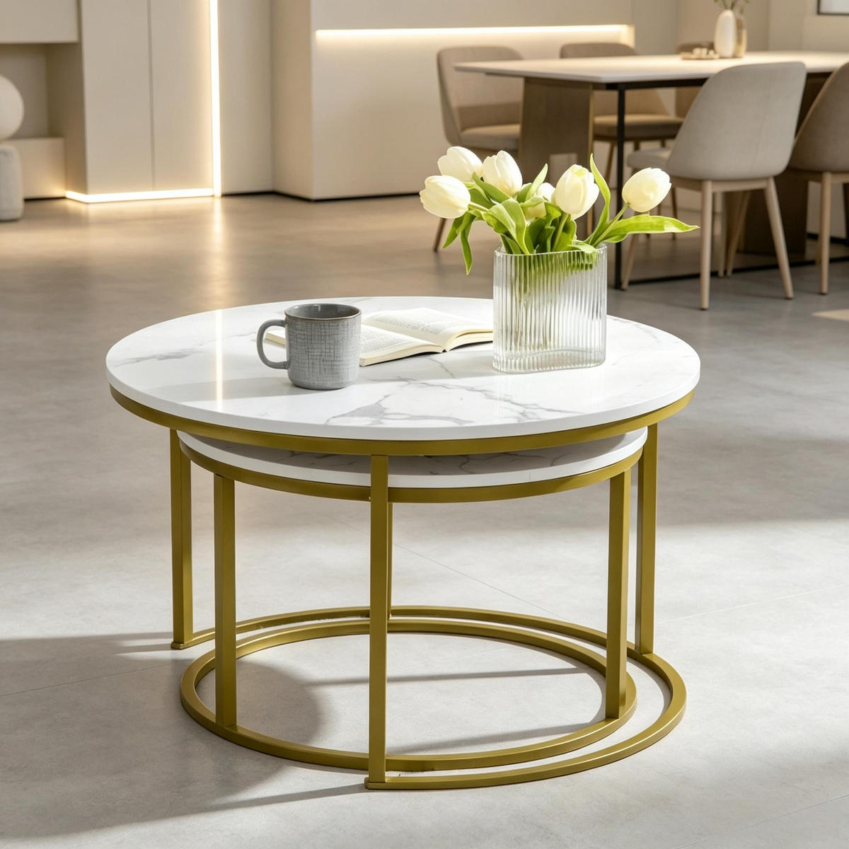 COUCHTISCH-SET 2-teilig Weiß/Gold Marmoroptik rund - Goldfarben/Weiß, Holzwerkstoff/Metall (74/74/46.3cm)