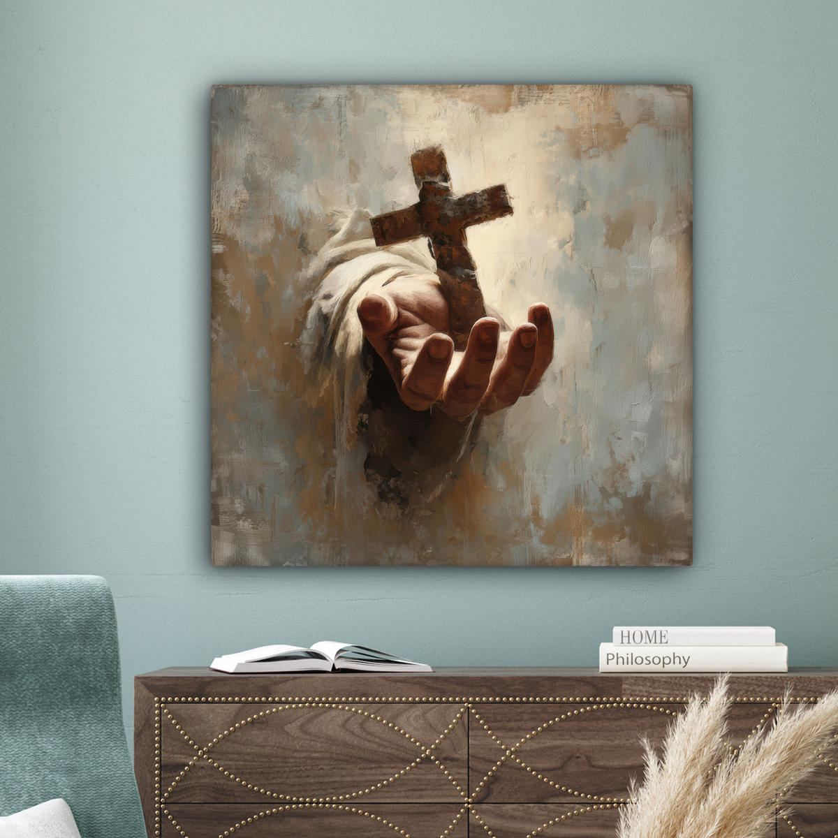 LEINWANDBILD Abstrakt - Kreuz - Hand - Christentum Deko Groß 90x90 cm - Hellbraun, Textil (90/90cm) - MuchoWow