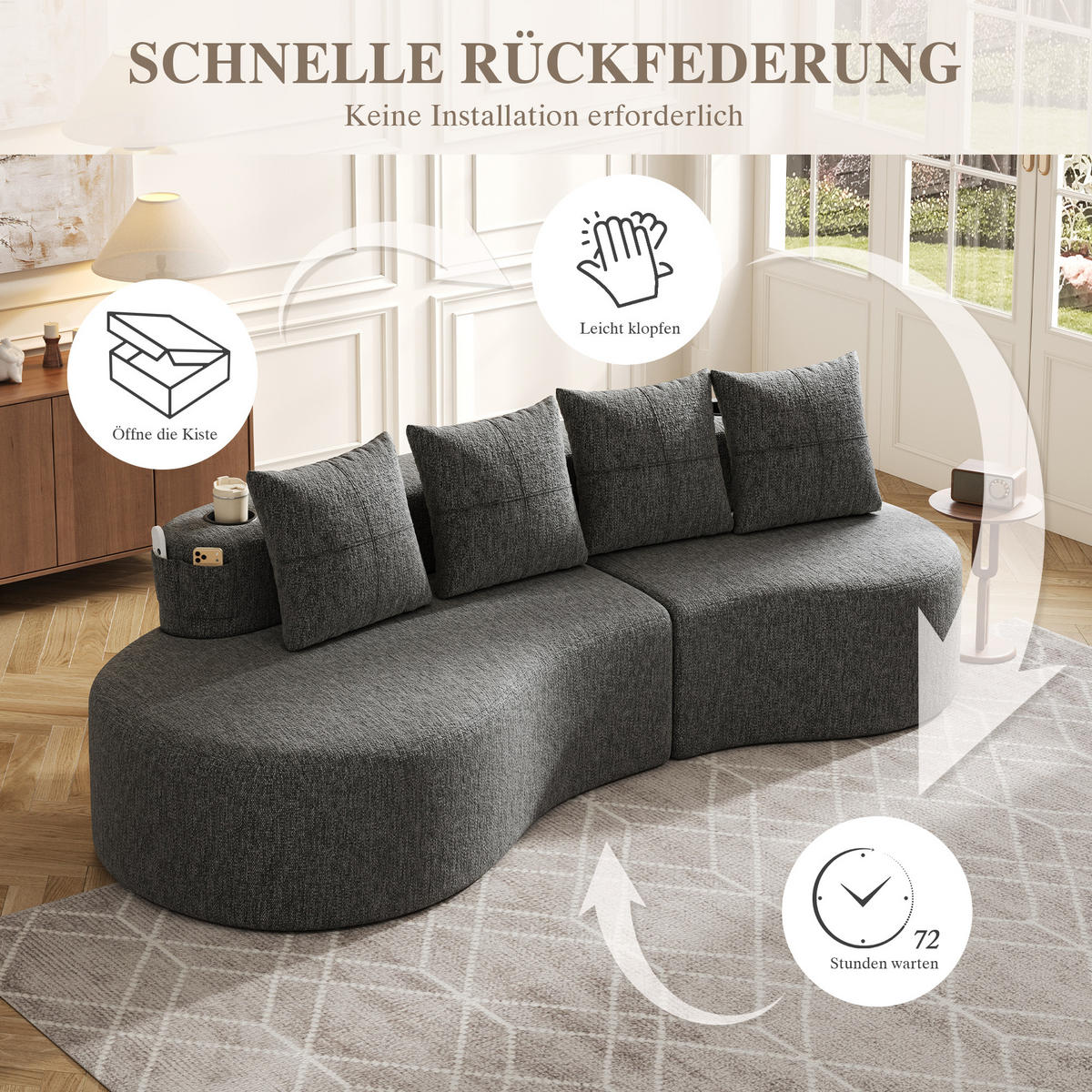 3-SITZER SOFA leinenstoff farbwahl mit getränkehalter & seitentaschen - Dunkelgrau, Textil (240/63/109cm) - Urban Meuble