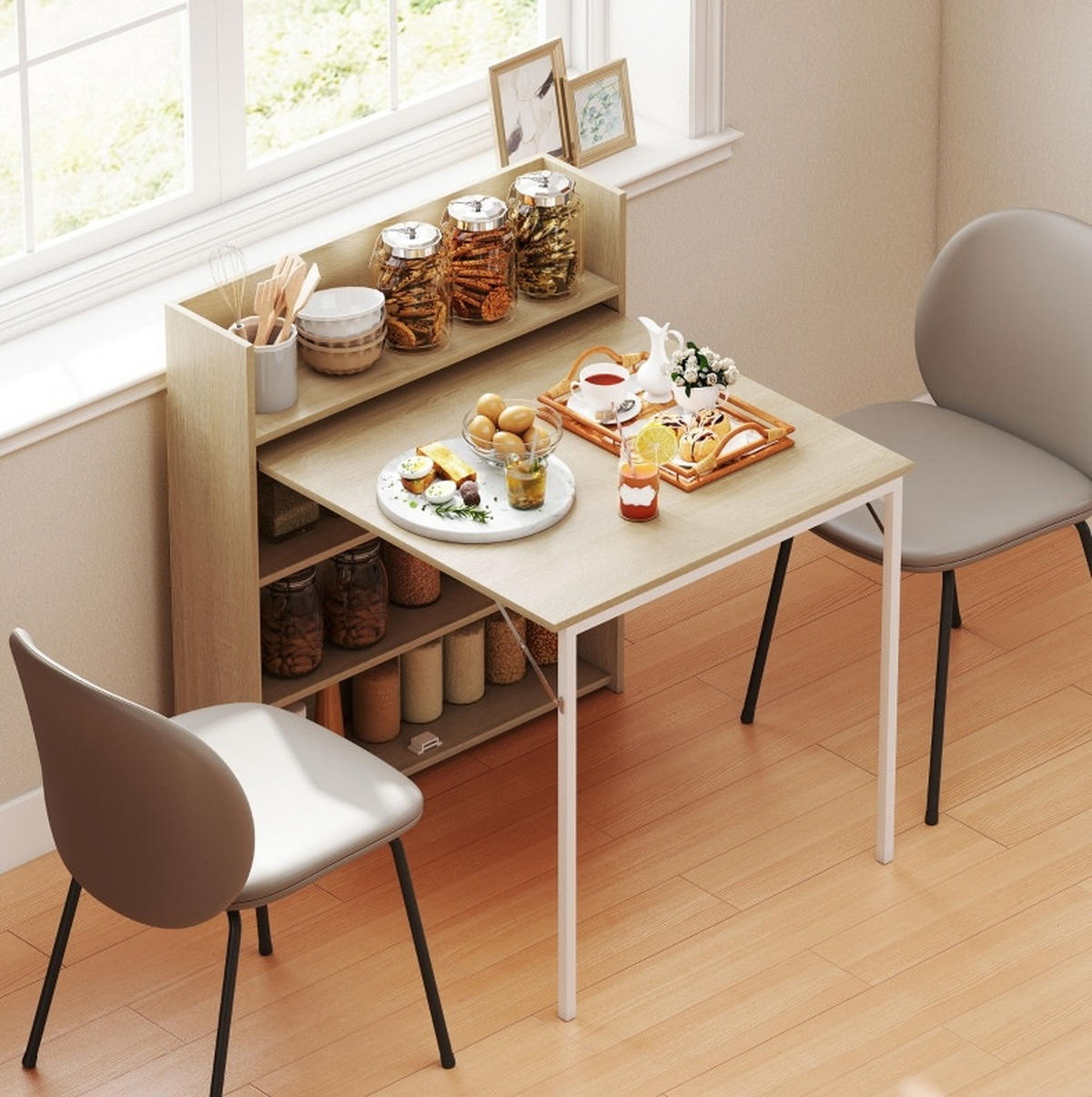 ESSTISCH aus Holz 78,5x91x93 cm Eichefarben klappbar mit 3 Regalfächern im Industriedesign - Eichefarben, Holz (91/78.5/93cm) - Modfu