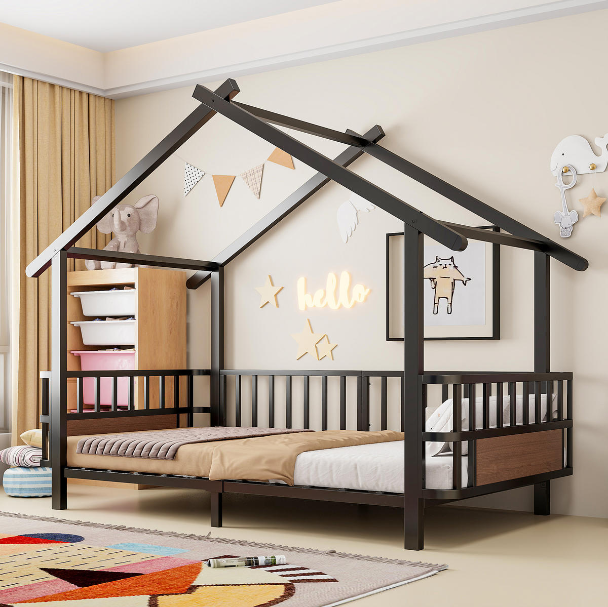 KINDERBETT Hausdesign 90/200 cm Schwarz aus Metall mit Sicherheitsgitter ohne Matratze - Schwarz, Metall (90/200cm) - MIVRAY