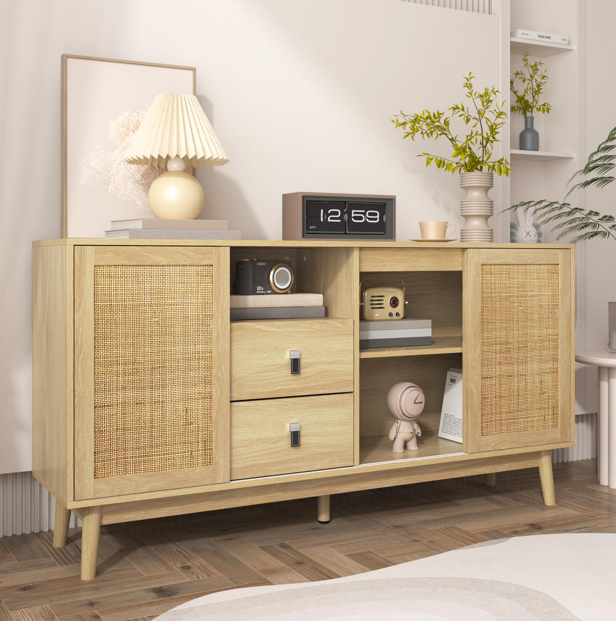 SIDEBOARD 155/38/80 cm aus MDF und Spanplatte mit Rattanschiebetüren und 2 Schubladen Holzfarben - Naturfarben, Holzwerkstoff (155/80/38cm) - Modenvie