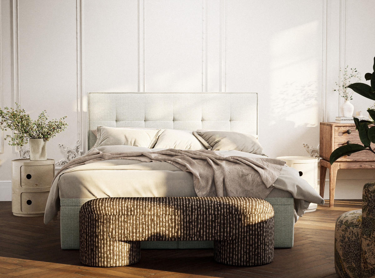 BOXBETT 140/200 cm Comfrey, in Beige, Matratze, gepolstertes Kopfteil, Bettkasten, H3 = fest - Beige/Schwarz, Holz/Holzwerkstoff (140/200cm) - Maison de Reve