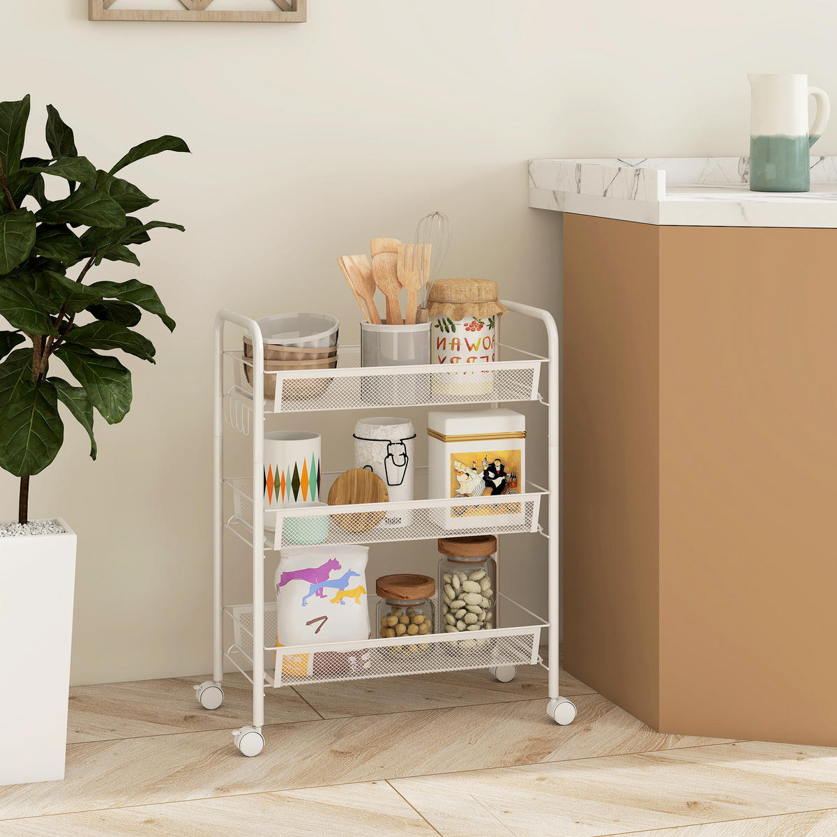 SERVIERWAGEN DE-12537 3 abnehmbare Körbe mit 4 Haken 45/26,5/63 cm Weiß - Weiß, Metall (26.5/63/45cm) - ComfortXL