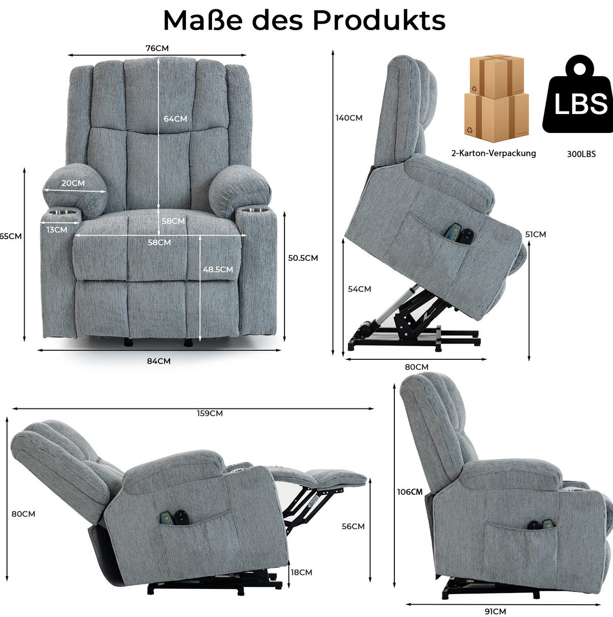 ELEKTRISCHER Relaxsessel Samt mit Aufstehhilfe, Massage, Wärme 91/84/106 cm Hellgrau - Hellgrau, Textil (84/106/91cm) - Redom