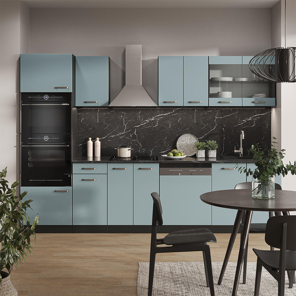 KÜCHENZEILE R-Line Blau-Grau/Anthrazit 300 cm mit Hochschrank, ohne AP - Anthrazit/Blaugrau, Holzwerkstoff (300/81.6/46cm) - Vicco