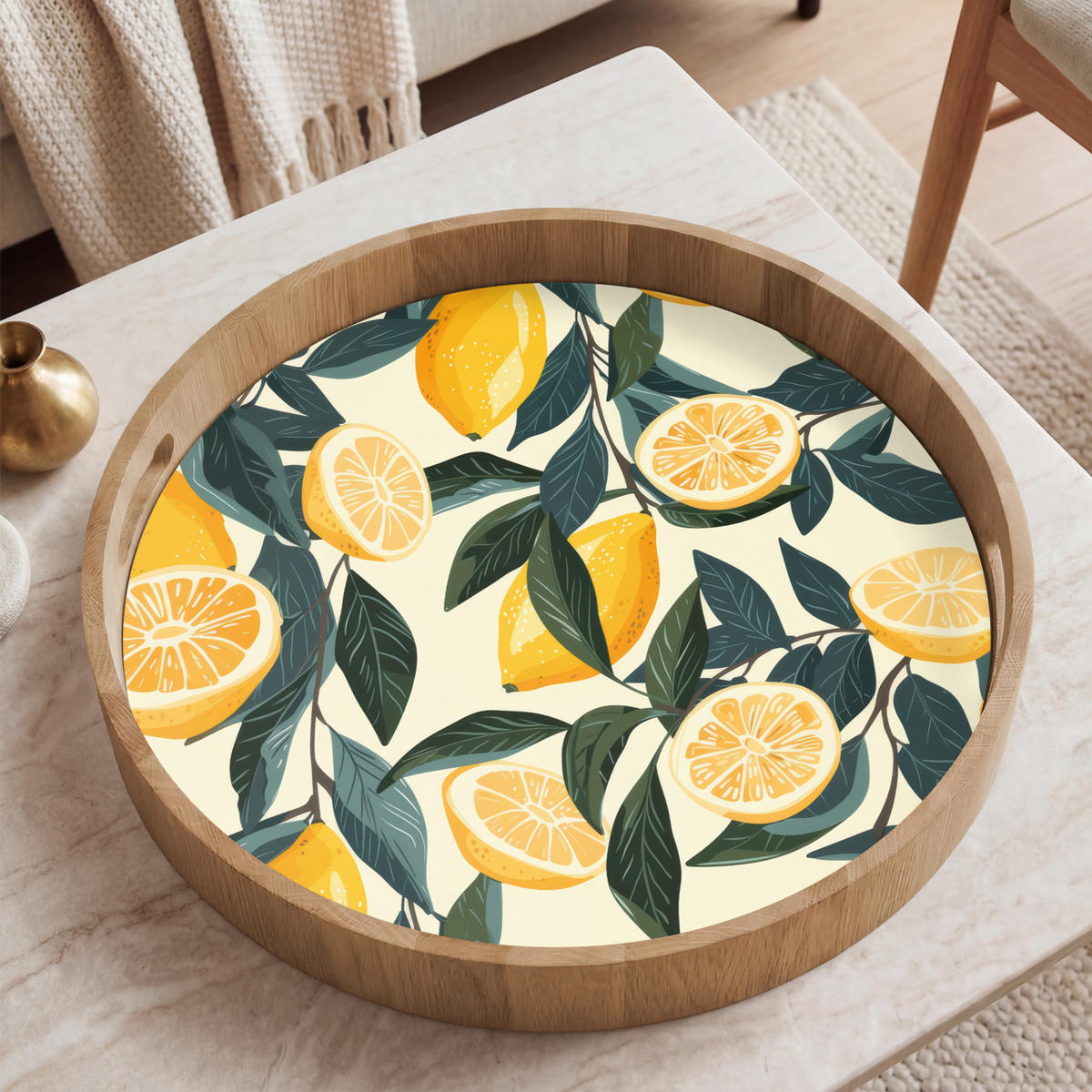 TABLETT - Zitronen - Früchte - Blätter - Gelb - Grün - Beige - 50x50 cm - Gelb, Holz (50/5/5cm) - OnlyWow