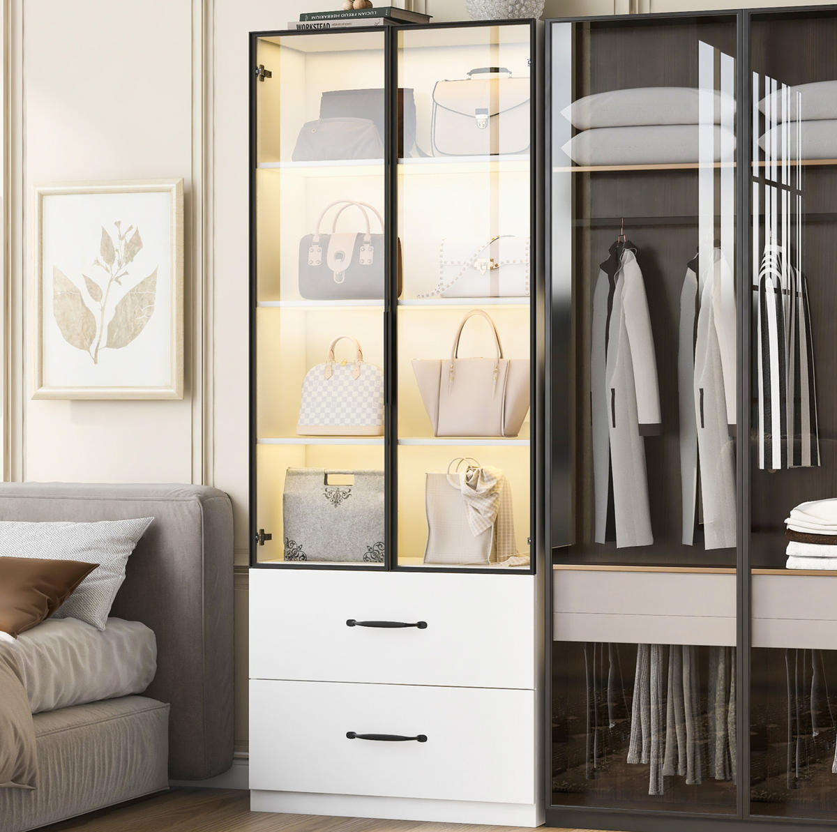 HIGHBOARD 60/40/160 cm in Weiß mit LED-Beleuchtung und 2 Schubladen - Weiß, Holzwerkstoff (60/160/40cm) - Flora Grace