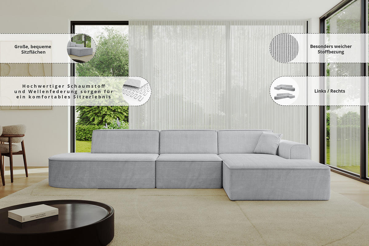ECKSOFA Ottomane Rechts IREA-L2-v4 - 318x165x72,5 cm Hellgrau - Hellgrau, Holzwerkstoff/Textil (318/165cm) - ALTDECOR