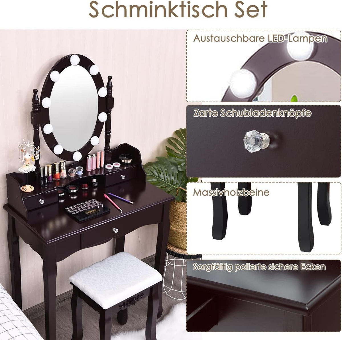 SCHMINKTISCH mit Hocker Weiß - Braun, Holz (40/144/70cm) - COSTWAY