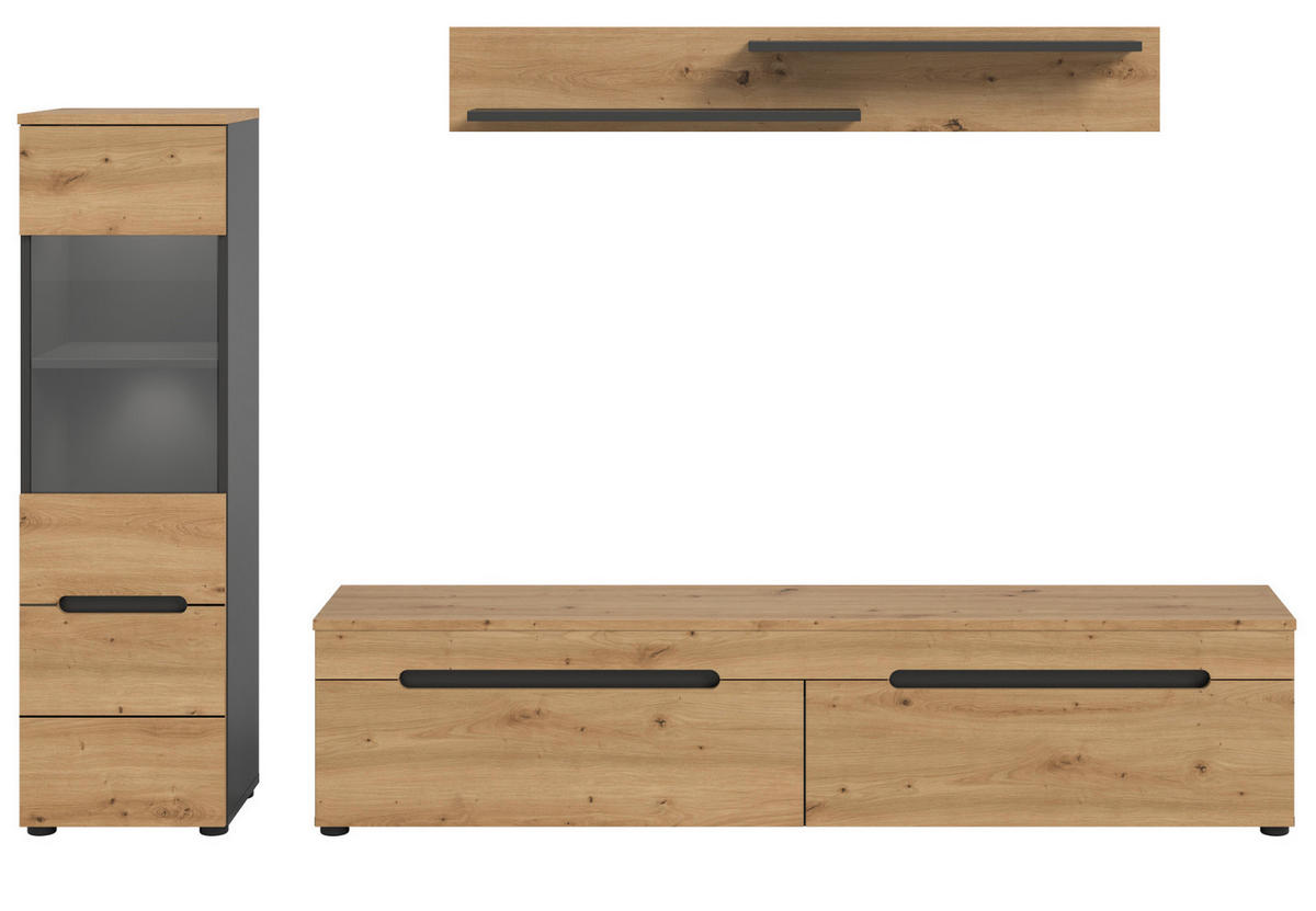 WOHNWAND Eiche Artisan, grau, Kombination 3-teilig 220 cm hängend oder stehend, Soft-Close, Cooper - Schwarz/Eiche Artisan, Glas/Holzwerkstoff (221/141/33cm) - Inn.Furn