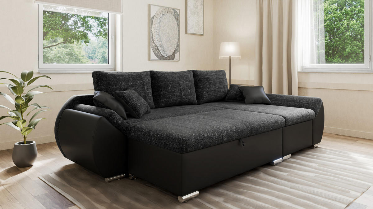 ECKSCHLAFSOFA ALEX – Schwarz (Lawa 06 + Soft 11) + Hocker - Rechts - Schwarz, Holzwerkstoff/Metall (275/155cm) - Möblo