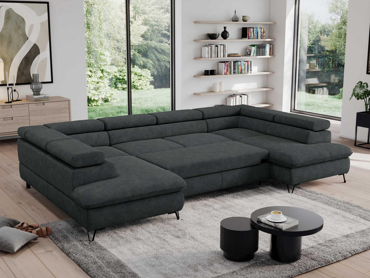 WOHNLANDSCHAFT PEDRO U Struktur Dunkelgrau - Dunkelgrau/Schwarz, Textil/Metall (346/76/208cm) - MKS