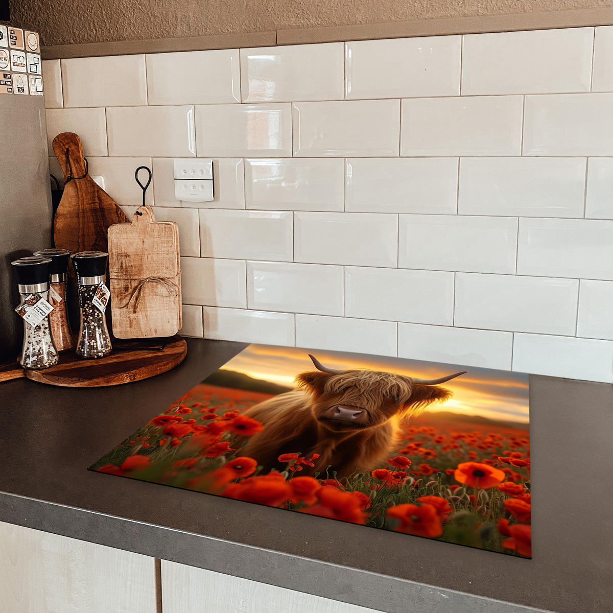 HERDABDECKPLATTE Schottische Highlander - Rosen - Blumenfeld - Sonnenuntergang Herdabdeckung Induktionsfeld 60x52 cm - Rotbraun, Kunststoff (60/52/0.2cm) - MuchoWow