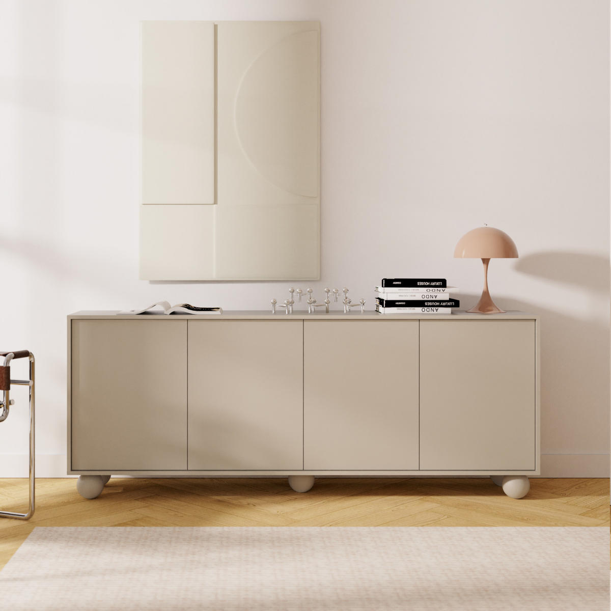 KOMODA Adel se 4 dvířky a kulatými nožkami, 204 cm, bezúchytková, kašmír - kašmírová, kompozitní dřevo (204/81/38cm) - Beautysofa