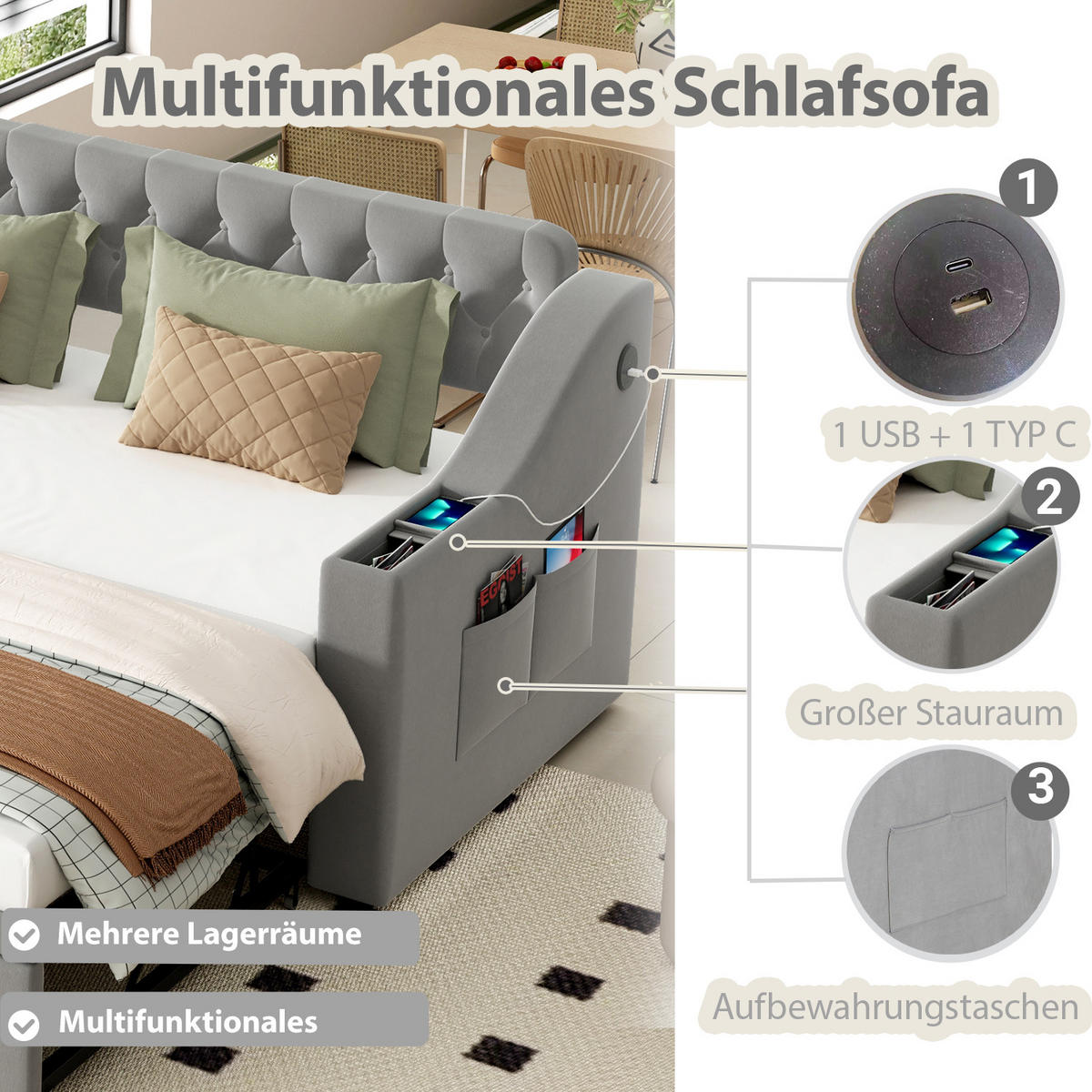 POLSTERBETT 90/180x190 cm USB Samt grau - Grau, Textil (180/190cm) - LEBENLANG
