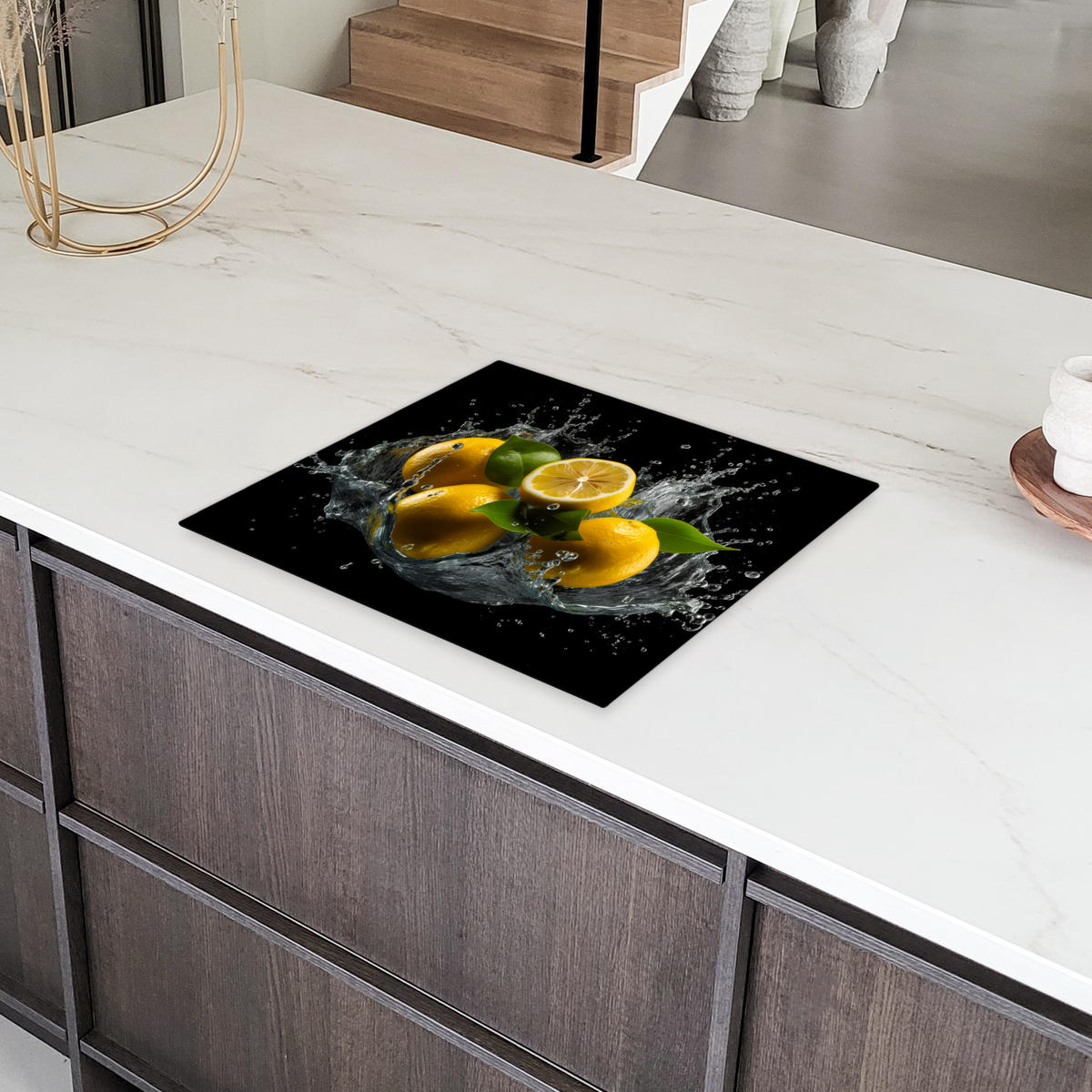 HERDABDECKPLATTE Zitrone - Obst - Gelb - Schwarz 57x51 cm - Gelb, Kunststoff (57.6/51.6/0.2cm) - MuchoWow