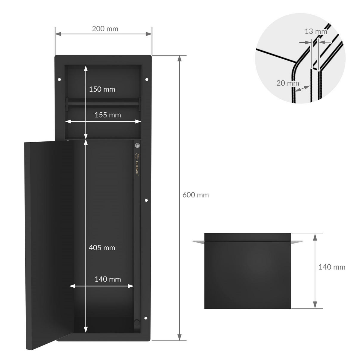 ZÁVĚSNÝ SKŘÍŇOVÝ MODUL WC z nerezové oceli, matná černá, 60x20x14 cm - černá, kov (14/60/20cm) - LuxeBath