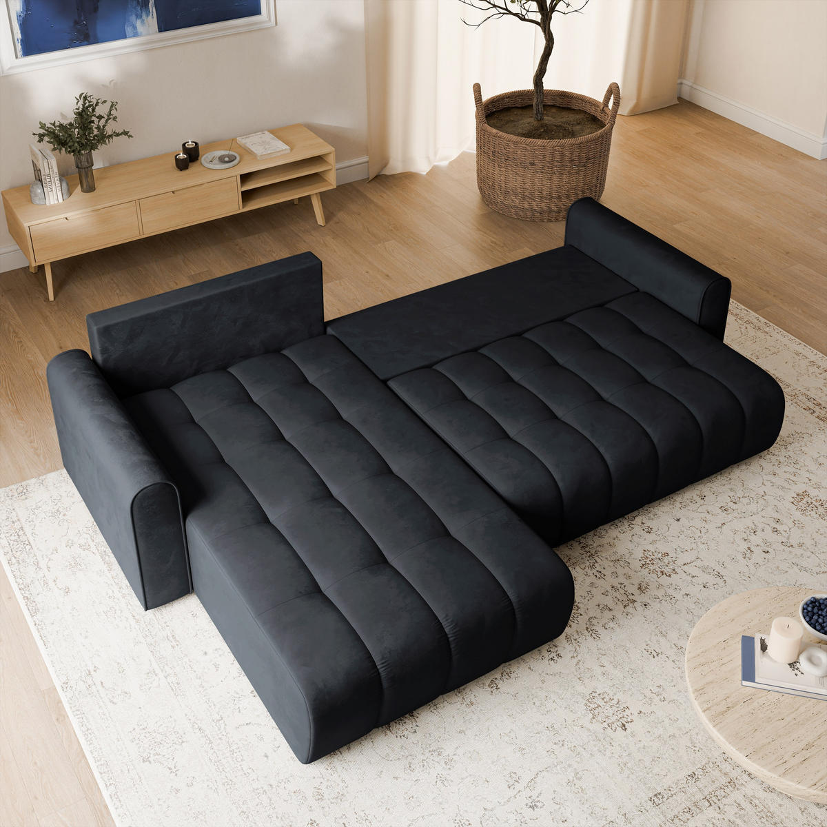 ECKSOFA FRIGA Schwarz Velours-Stoff mit Schlaffunktion - Schwarz, Holz (283/185cm) - MASSENO