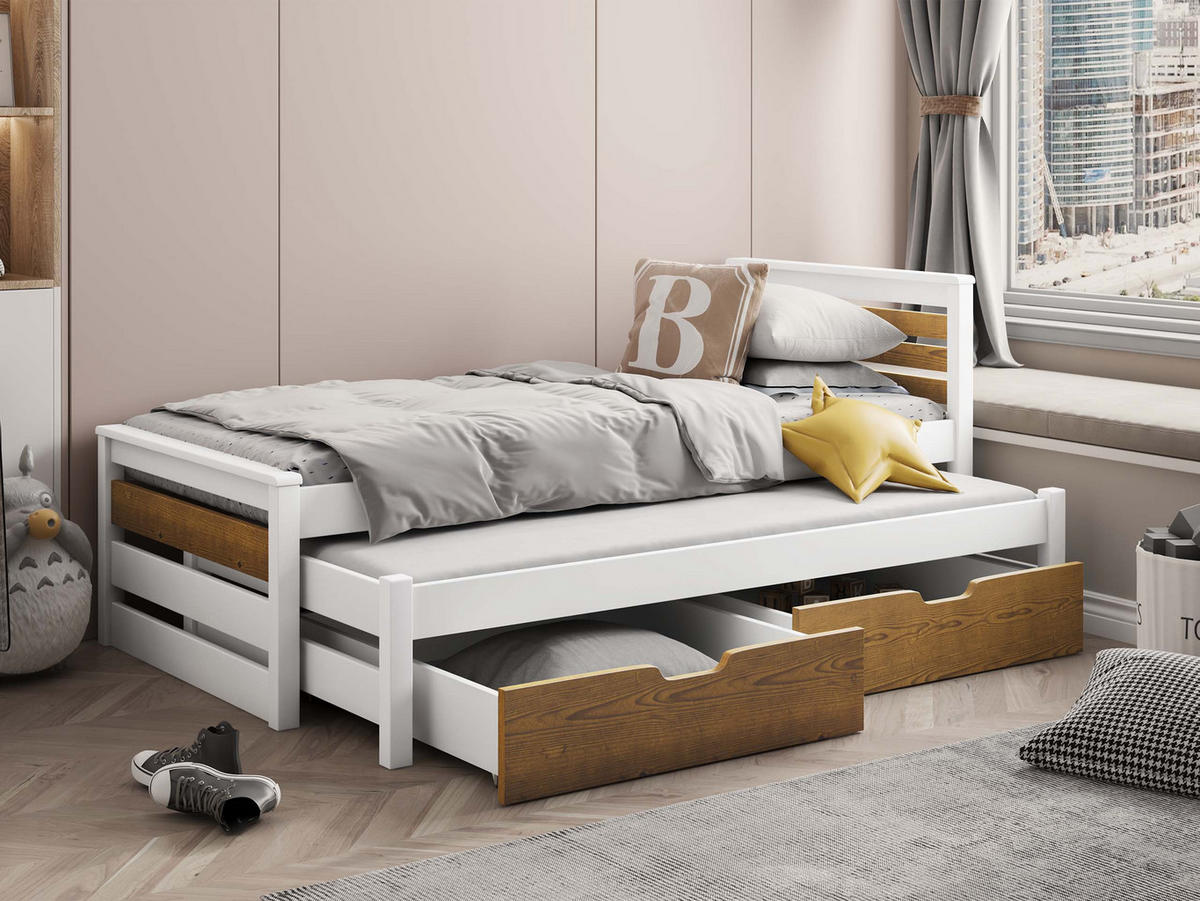 KINDERBETT Calwin 80 mit Ausziehbett - Weiß/Naturfarben, Holz (80/180cm) - MIRJAN24