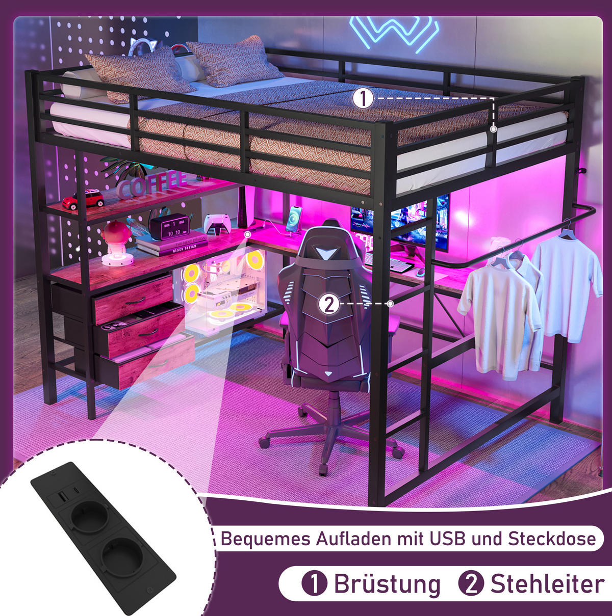 HOCHBETT 140/200 cm mit LED-Beleuchtung, Schreibtisch, Steckdose, USB, 3 Schubladen und Treppe, Schwarz - Schwarz, Metall (140/200cm) - Redom