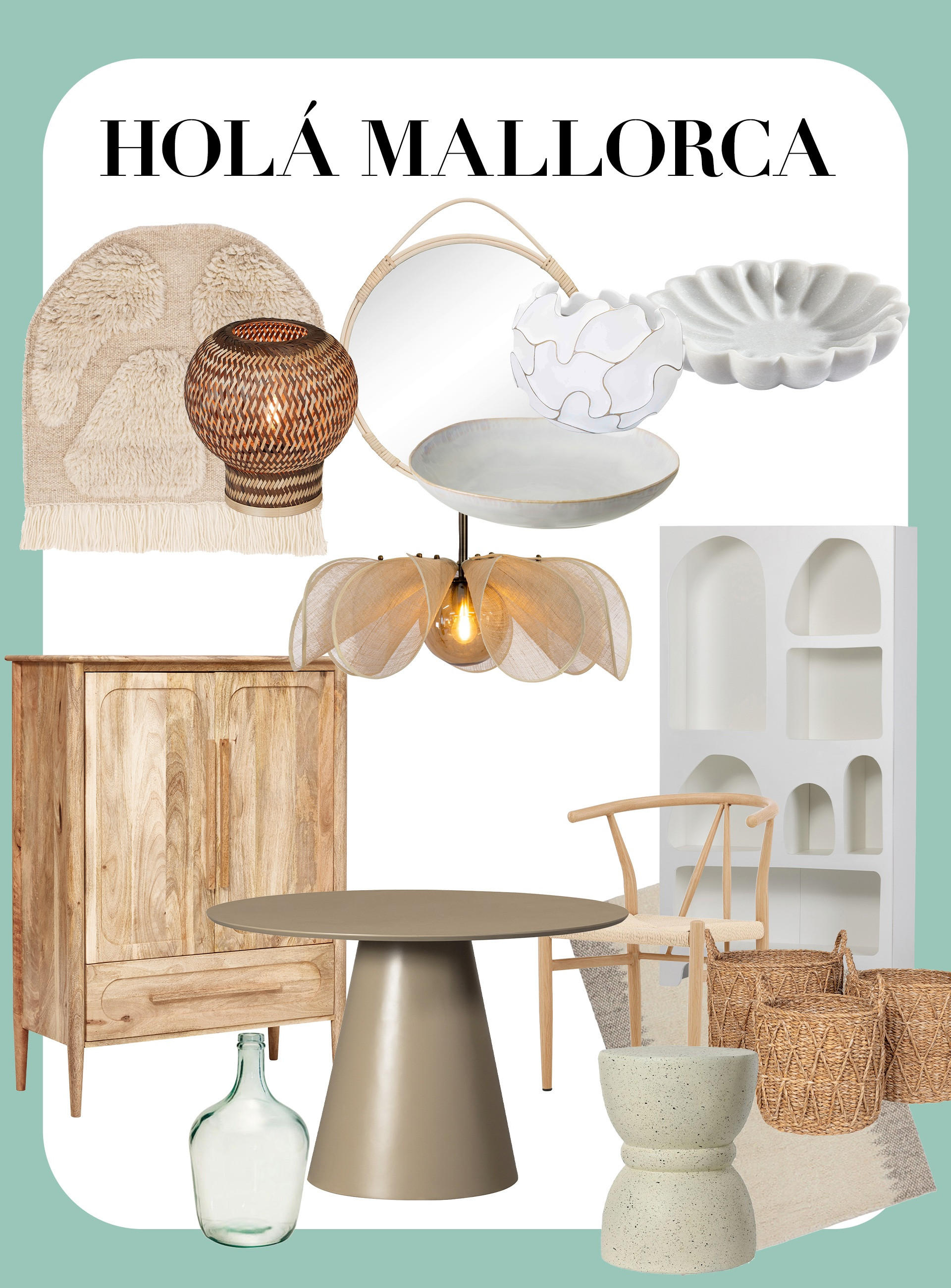 Collage aus Artikeln mit Lampen, Tischen, Schränken und Accessoires