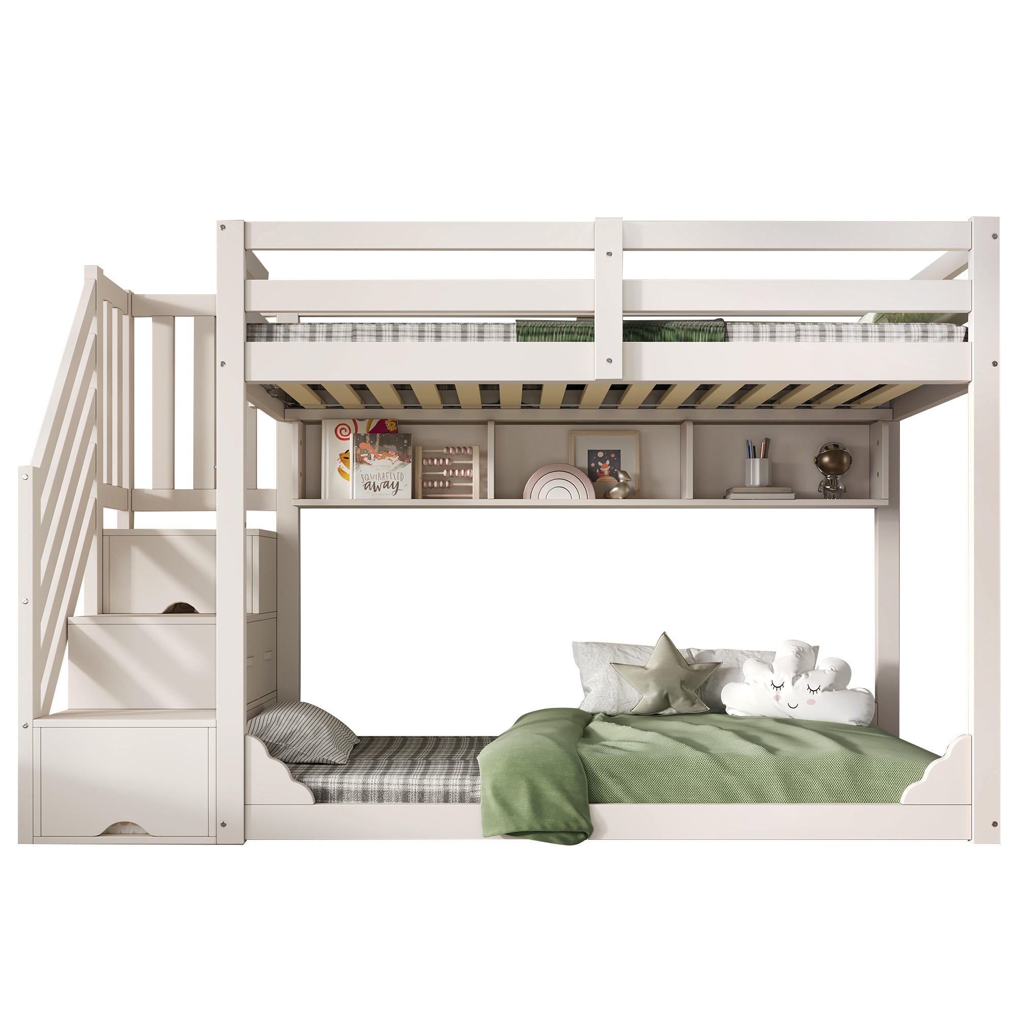STILVORA ETAGENBETT 90/200 cm & 90/200 cm in Weiß Kinderbett mit Treppenschrank, 2 Schubladen und Regalen