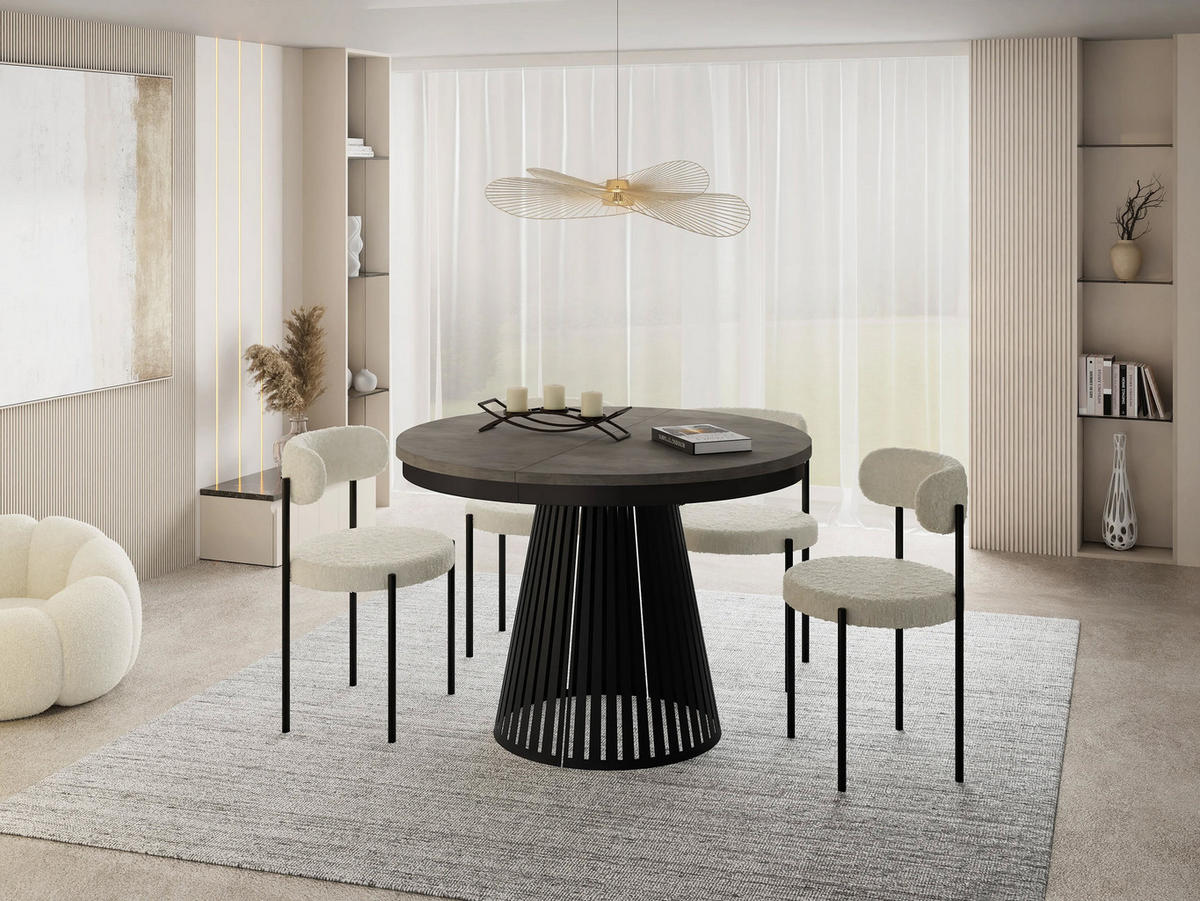 ESSTISCH Naro rund ausziehbar mit Schwarzem Lamellen-Metallgestell, Beton-Optik Dunkelgrau 100-180/100/76 cm - Dunkelgrau/Schwarz, Holzwerkstoff/Metall (100/176/76cm) - WFL GROUP