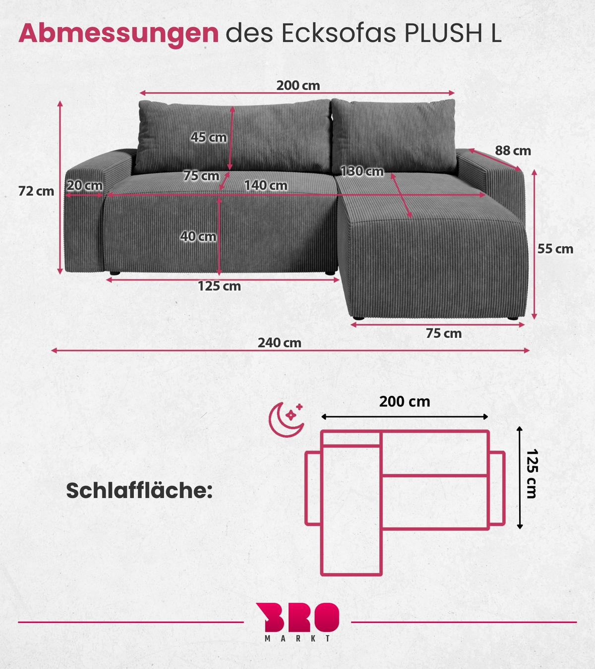 ECKSOFA PLUSH mit Schlaffunktion Dunkelgrau Cord - Dunkelgrau, Textil (240/145cm) - Bromarkt