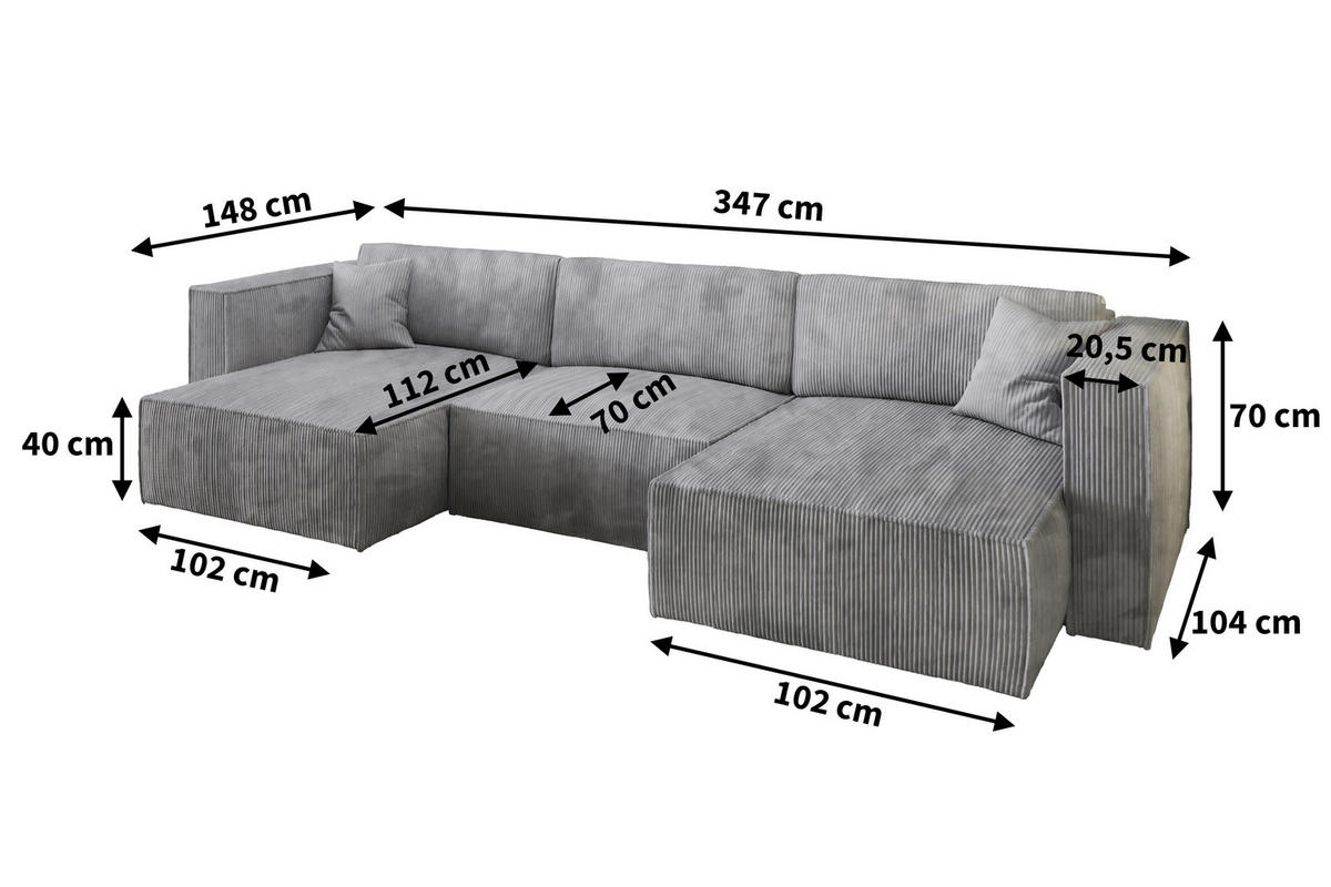 WOHNLANDSCHAFT SARMO P Lila Kordstoff mit Schlaffunktion - Lila, Holz (347/70/148cm) - MASSENO
