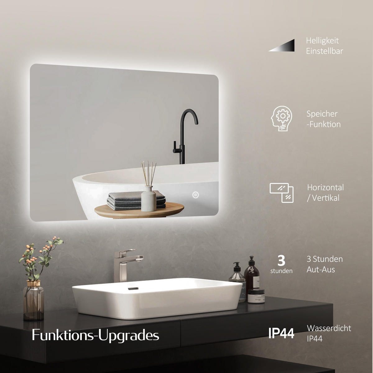 BADSPIEGEL mit Touch-Schalter Beleuchtung Rechteckig 100/60 cm - Weiß, Glas (60/3/100cm) - EMKE