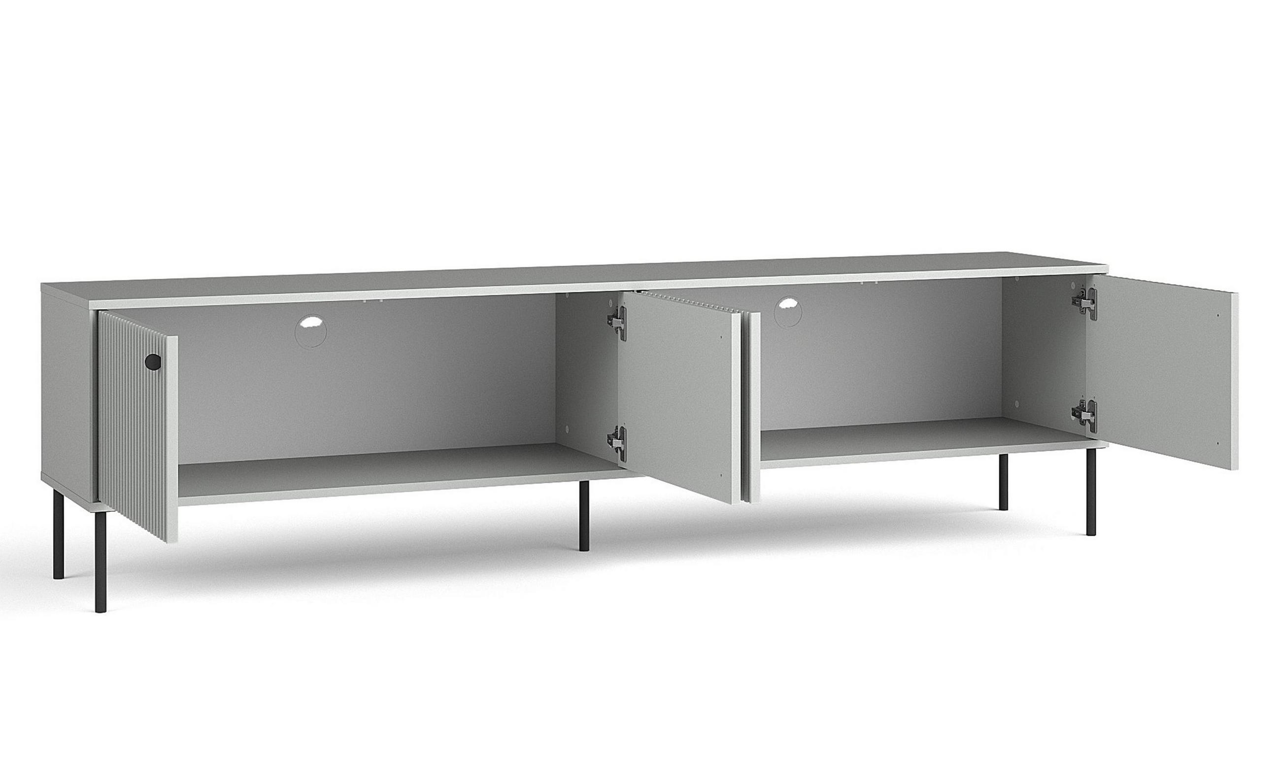 LOWBOARD Irelis 4T Grau 207/54,8/41 cm – mit geriffelten Fronten, mit schwarzen Beinen - Schwarz/Grau, Holzwerkstoff/Metall (207/54.8/41cm) - AX Living