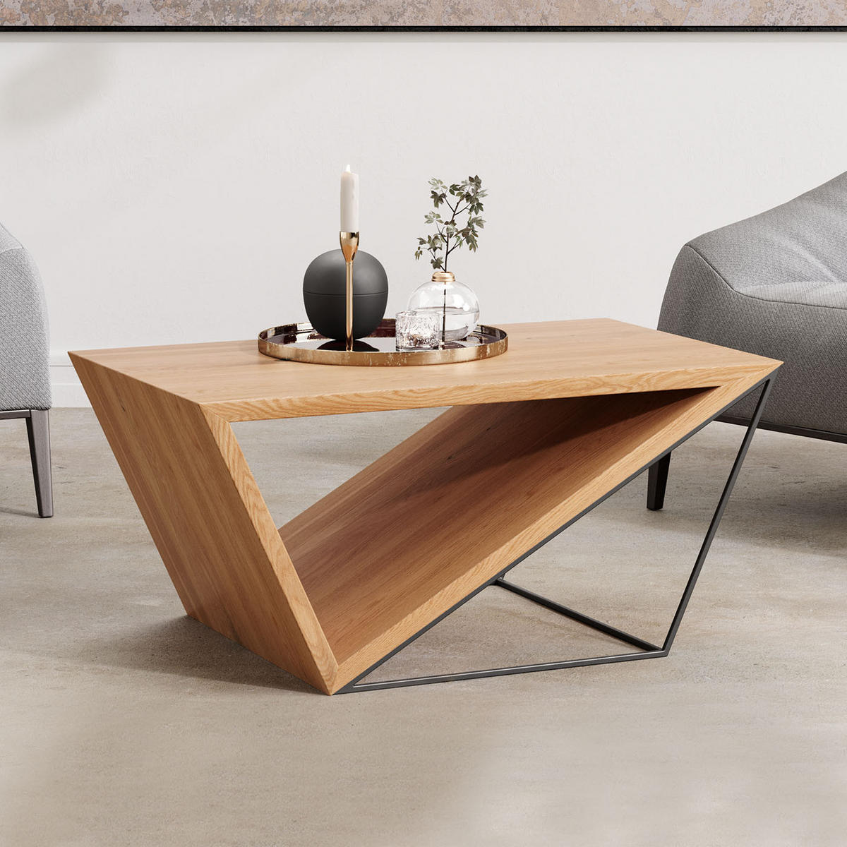 COUCHTISCH Void aus massivem Eichenholz 120 cm - Eichefarben/Schwarz, Holz/Metall (120/60/45cm) - Danzz