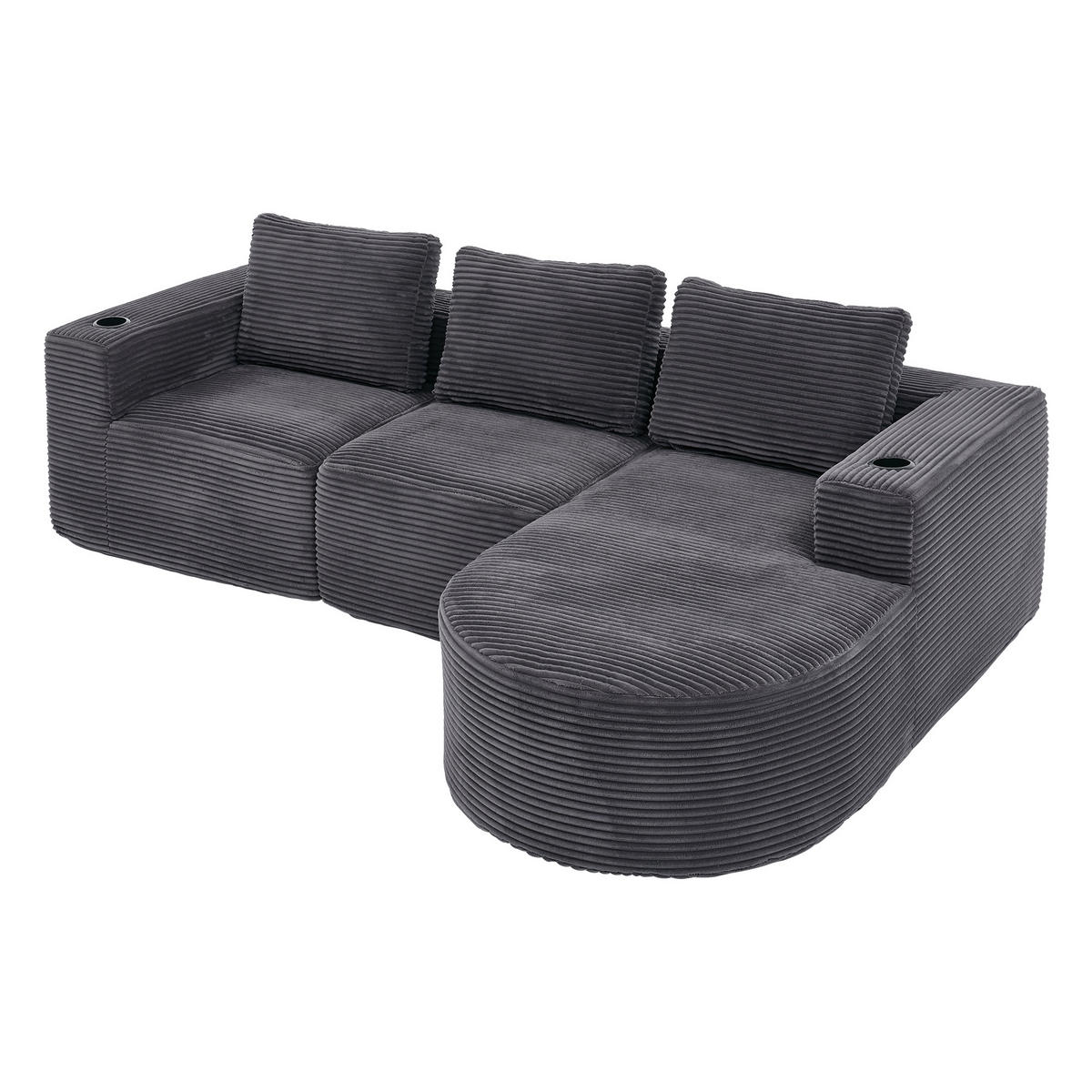 ECKSOFA 258/171/62.5 cm Dunkelgrau mit 3 Kissen und 2 Getränkehalter - Dunkelgrau, Textil (265/176cm) - Oxeza