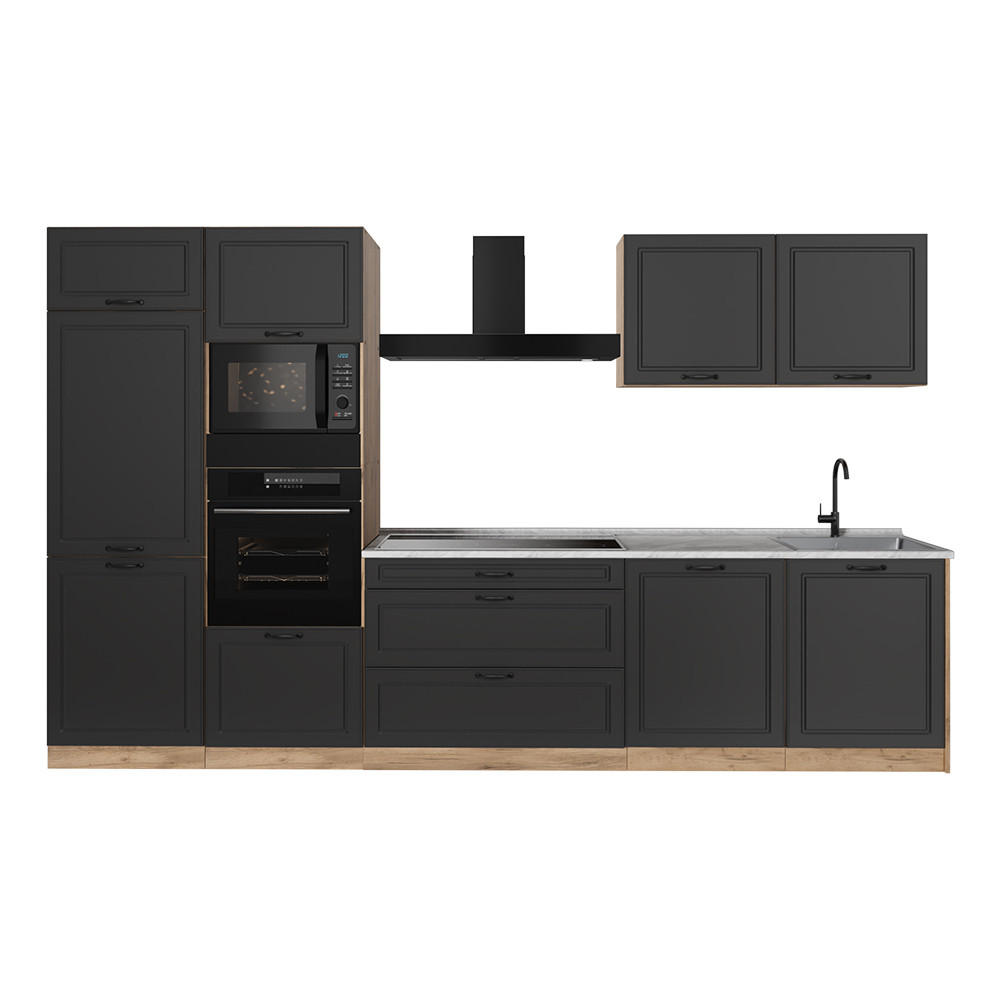 KÜCHENZEILE R-Line, Anthrazit Landhaus/Goldkraft Eiche, 340 cm Arbeitsplatte Marmor - Eichefarben/Anthrazit, Holzwerkstoff (340/206.8/60cm) - Vicco