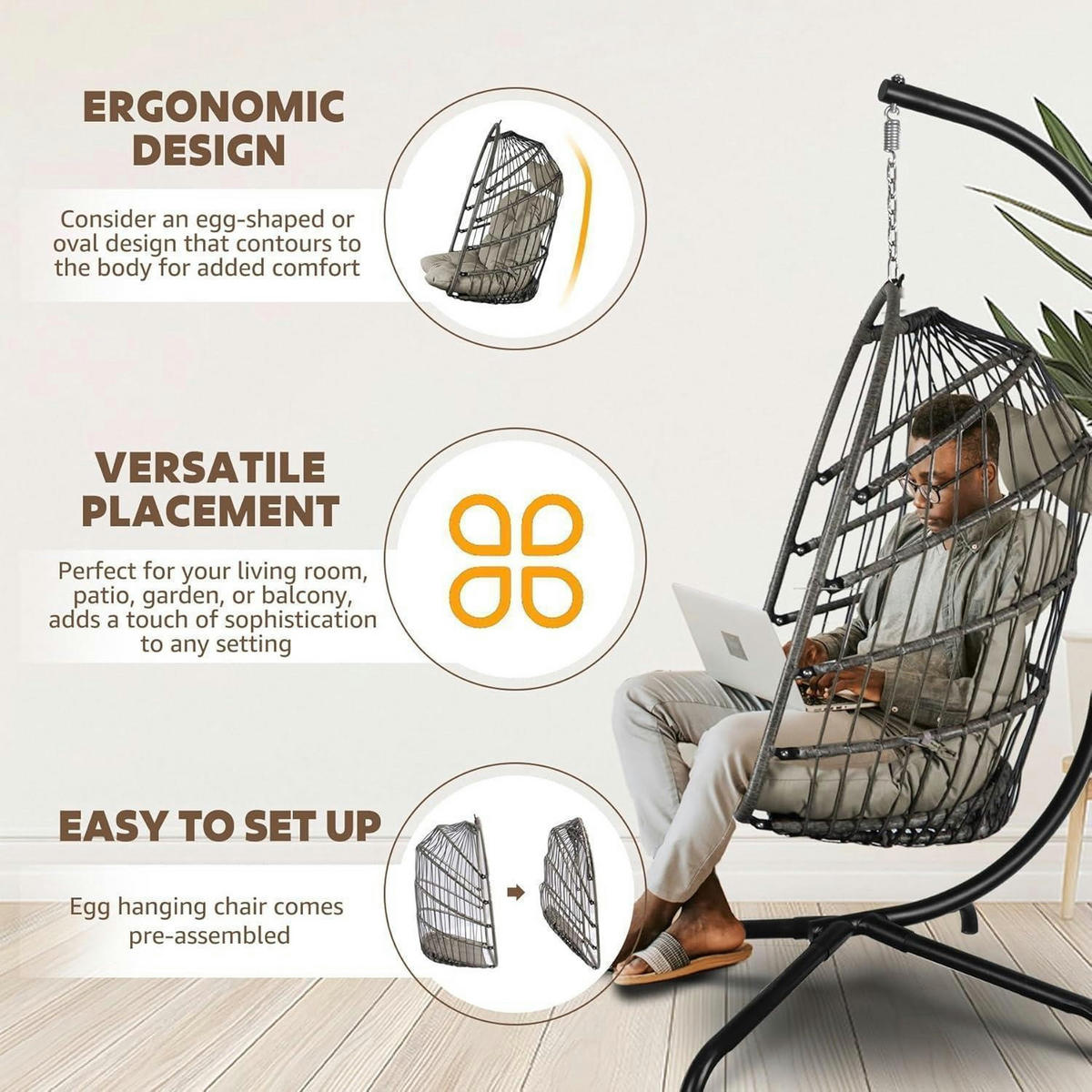 HÄNGESESSEL mit Kissen Grau, Faltbar, Rattan-Optik - Grau, Naturmaterialien (15/1.5/118cm)